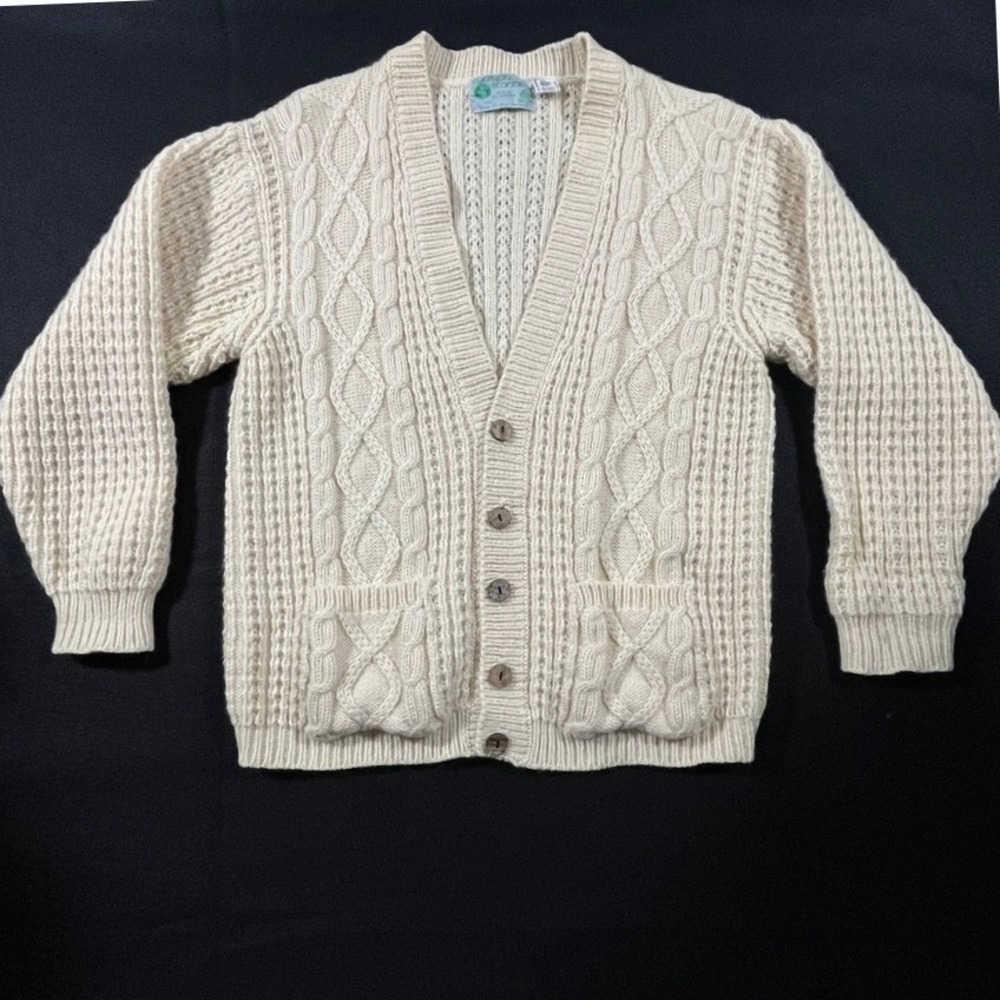 Vintage 80s Irish Aran Wool Cardigan Mens S Cable Knit Fisherman Ireland Cream
